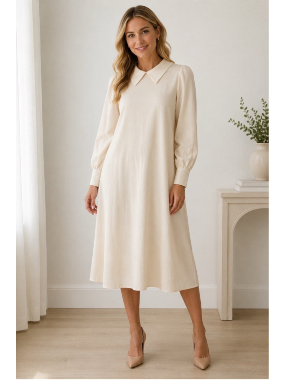 Maje Peter Pan Collared Midi/Maxi Dress L Cream Minimalist Parisian Feminine NWT